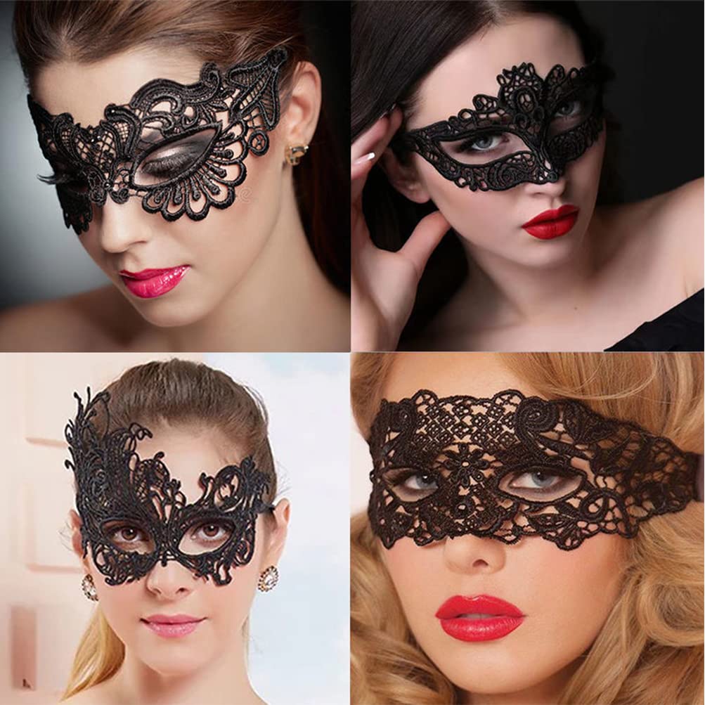 YUANJIASHUN YAO 4pcs Black Lace Masquerade Mask Women Venetian Masks Lace Maskes for Halloween Masquerade Carnival Party Costume Ball