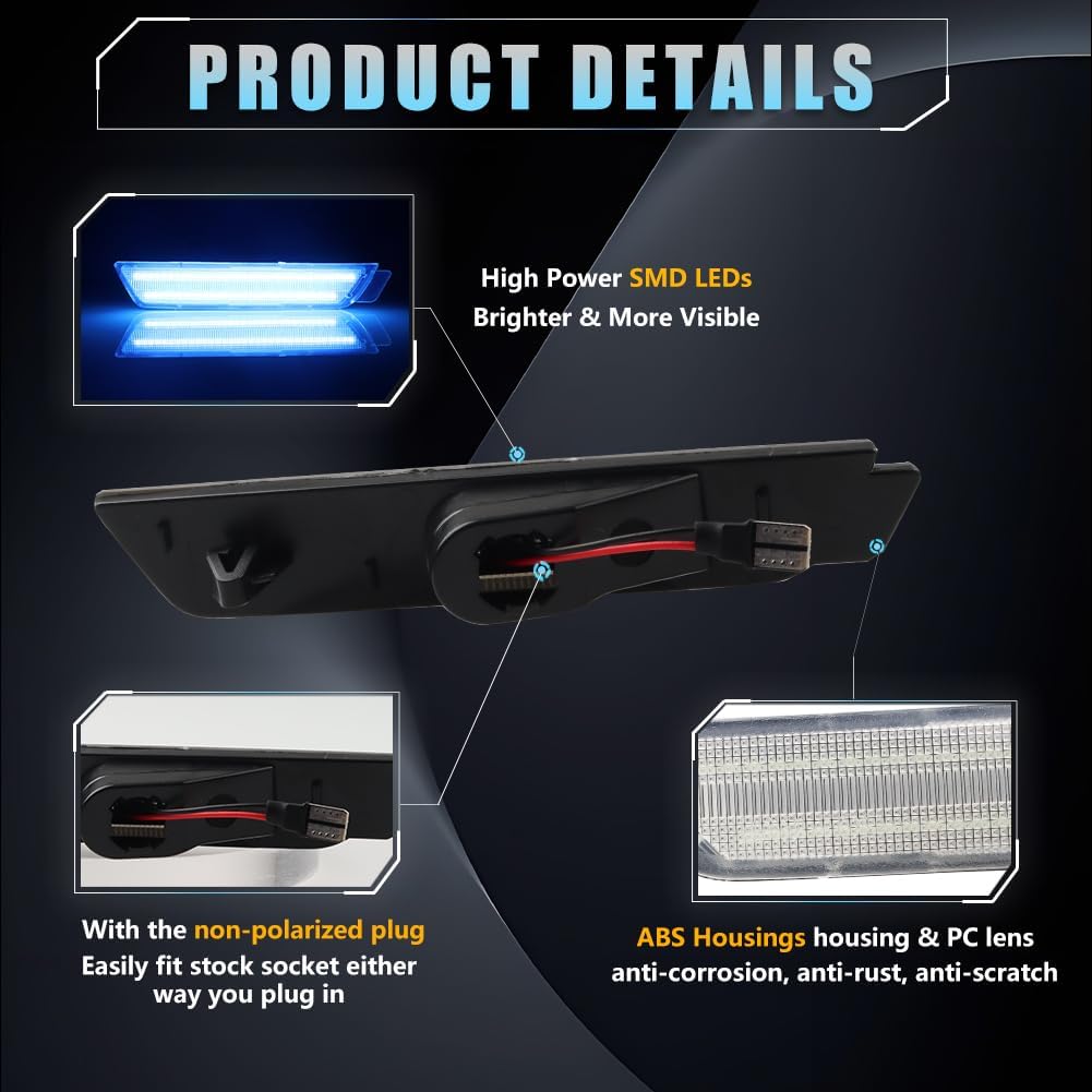 LED Side Marker Lights Clear Lens for Chevy Camaro 2010 2011 2012 2013 2014 2015, 5th Gen Camaro Blue Front Rear Bumper Fender Marker Lamps Turn Signal, Side Marker Reflectors Lights, 4 PCS