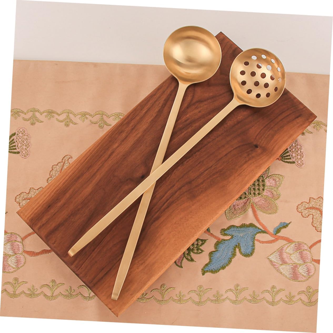 GLEAVI 2Pcs Long Handle Brass Ladle Soup Spoon Colander for Household Use Comfortable Grip for Hot Pot Cooking Kitchen Utensils