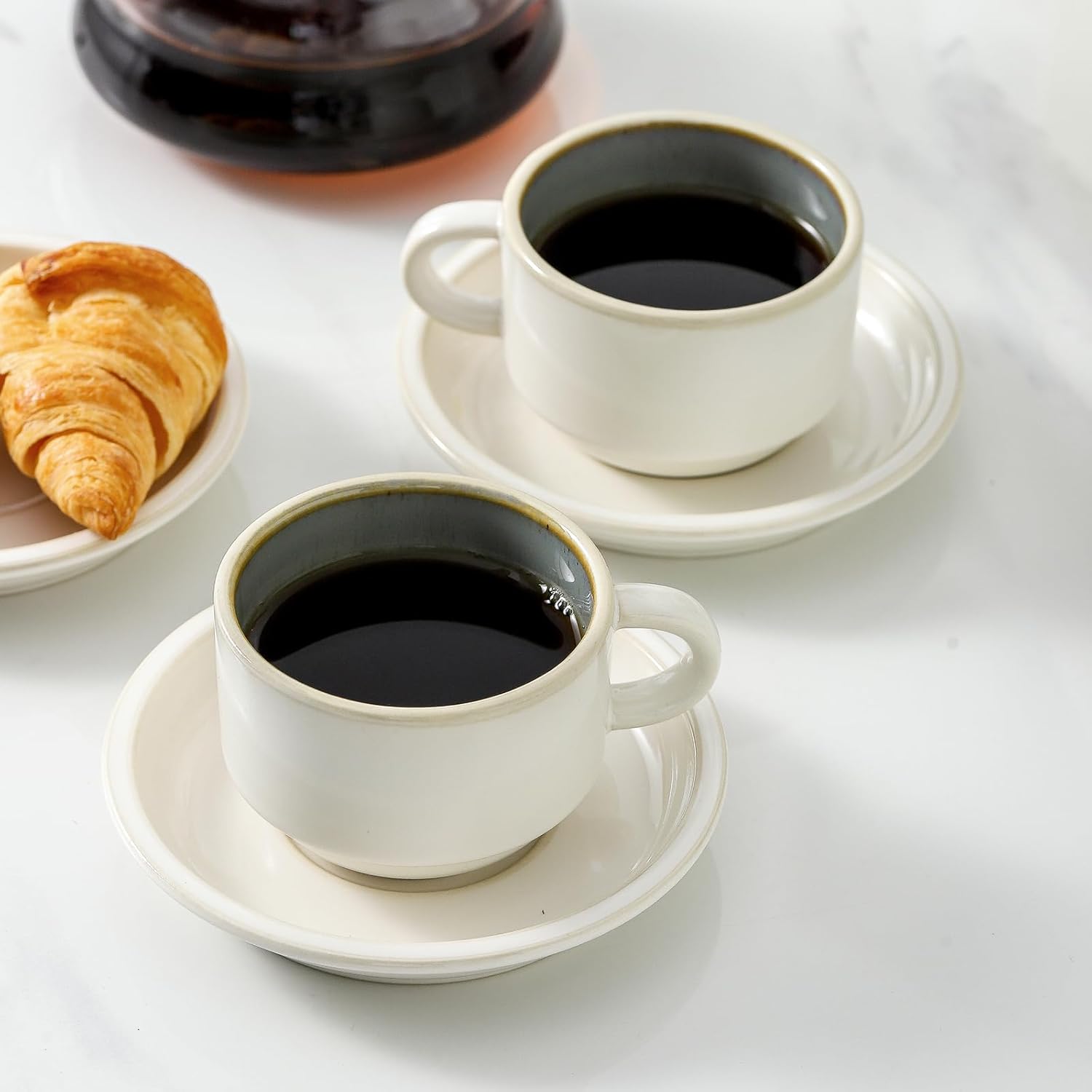 JIEMEI HOME Porcelain Stackable Espresso Cups with Saucers and Metal Stand, 4 Ounce Demitasse Cups for Specialty Coffee Drinks, Cafe Mocha Tea-Set of 4, Stackable Espresso Mugs, White & Green - Image 6