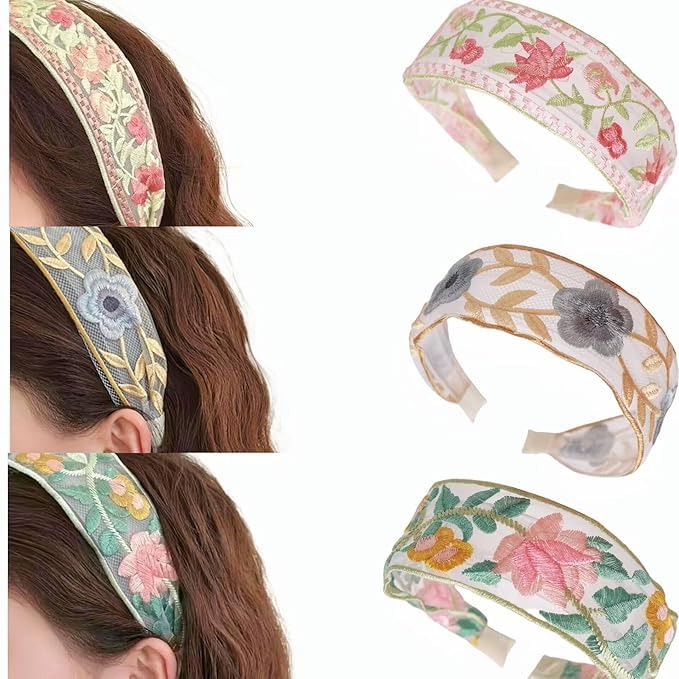 2~3-Pack Boho Floral Embroidered Headbands for Women 2025 - Summer Fashion Accessories (pink&yellow&green, 2~3-Pack)