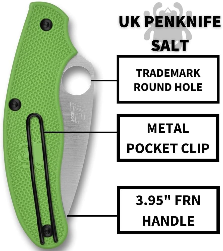 Spyderco UK Penknife Salt Folding Pocket Knife with 2.9" LC200N Steel Blade and FRN Handle - EDC Knife for Men and Women, Perfect for Hunting, Tactical, Camping, Survival, Hiking - PlainEdge - C94PGR