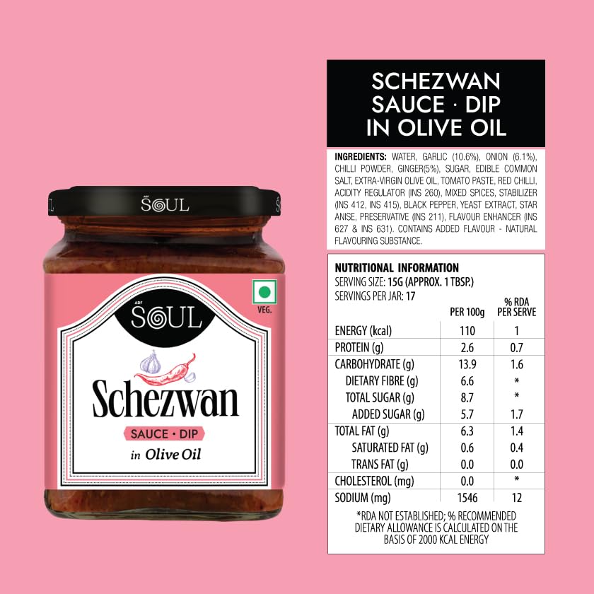 Image of ADF Soul Schezwan Chilli Sauce + Dip Made in 100% Olive Oil | Spicy Indo-Chinese Sauce + Dip with Red Chillies & Garlic | Bold & Fiery Taste | Perfect for Momos & Fried Snacks | 265 g.