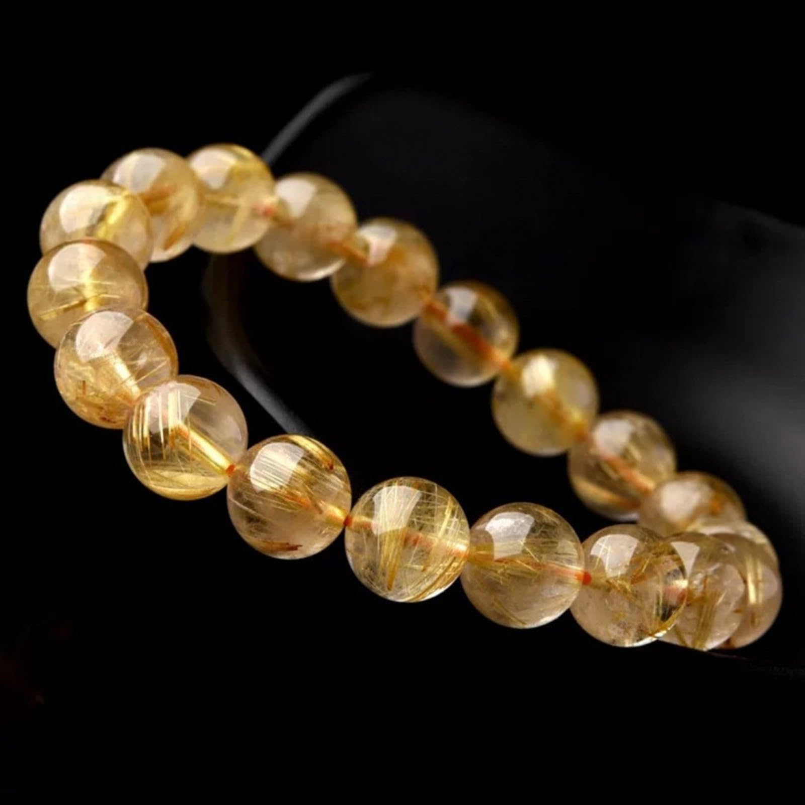 Bracciale in Autentico Quarzo rutilato Titanio Dorato Brasiliano | Bracciale rigido elasticizzato che attrae ricchezza, gioielli energetici unisex con pietre preziose naturali