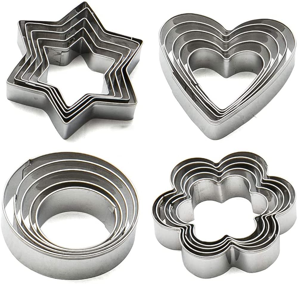 Cookie Cutters Set, DELFINO Biscuit Cutters Pastry Cutters 4 Shapes (Star Heart Flower Round Shapes) Stainless Steel for Baking 20 Pieces