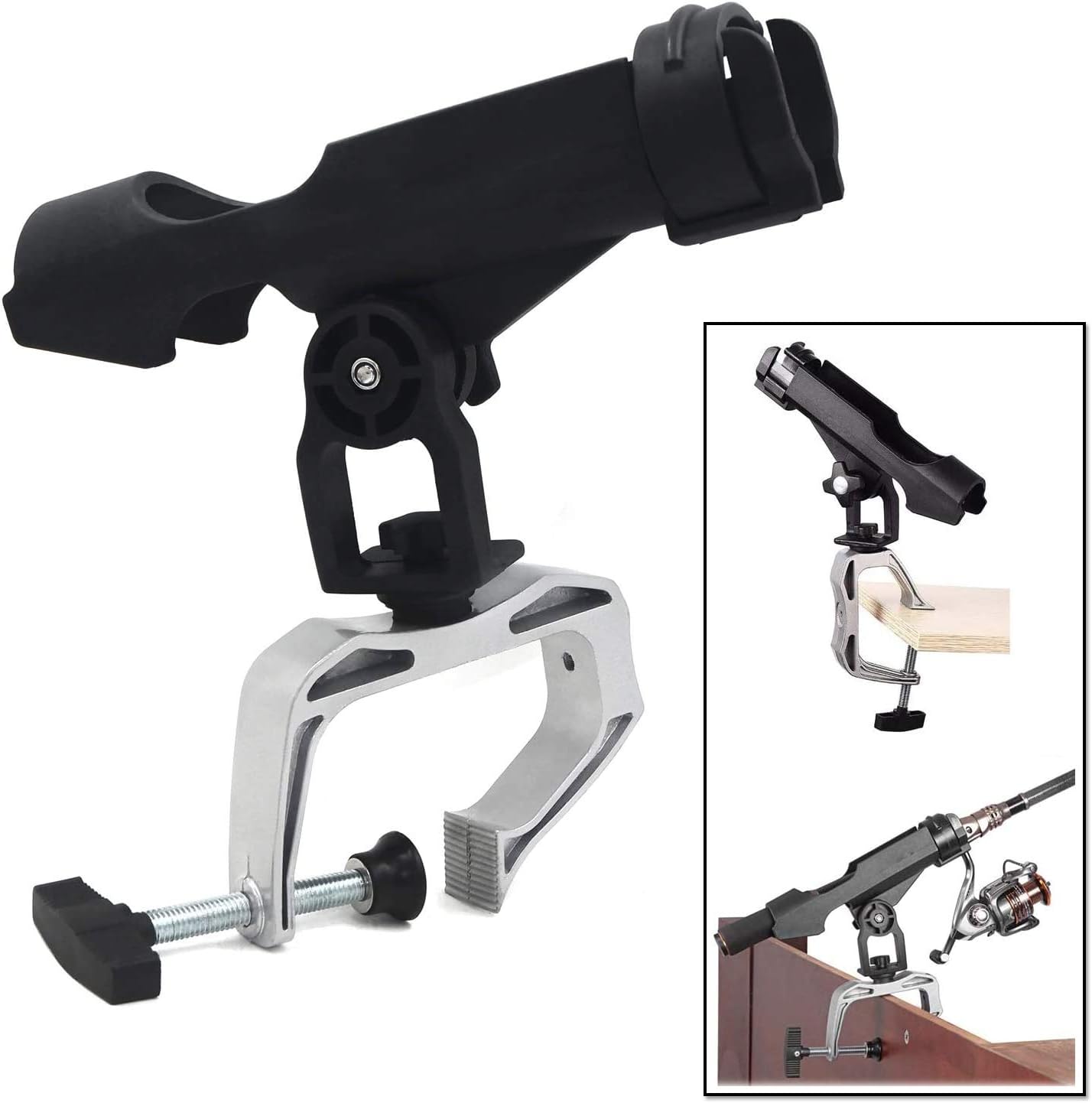 HTTMT- 360 Degree Rotating Adjustable Angle Direction Raft Boat Fishing Rod Pole Stand Bracket Mount Holder Rest Rack Rod Holder [P/N: ET-FISHING-RH20-BK+SR]