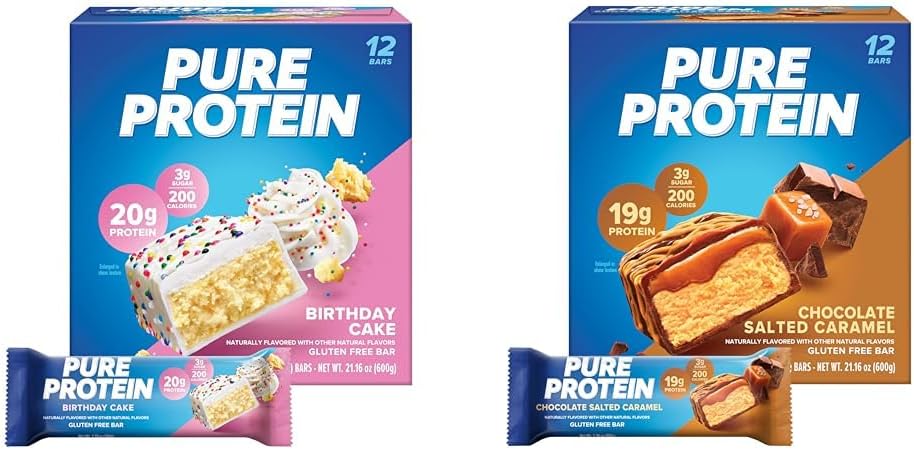 Pure Protein Birthday Cake and Chocolate Salted Caramel High Protein Bars, 1.76 oz, Pack of 12