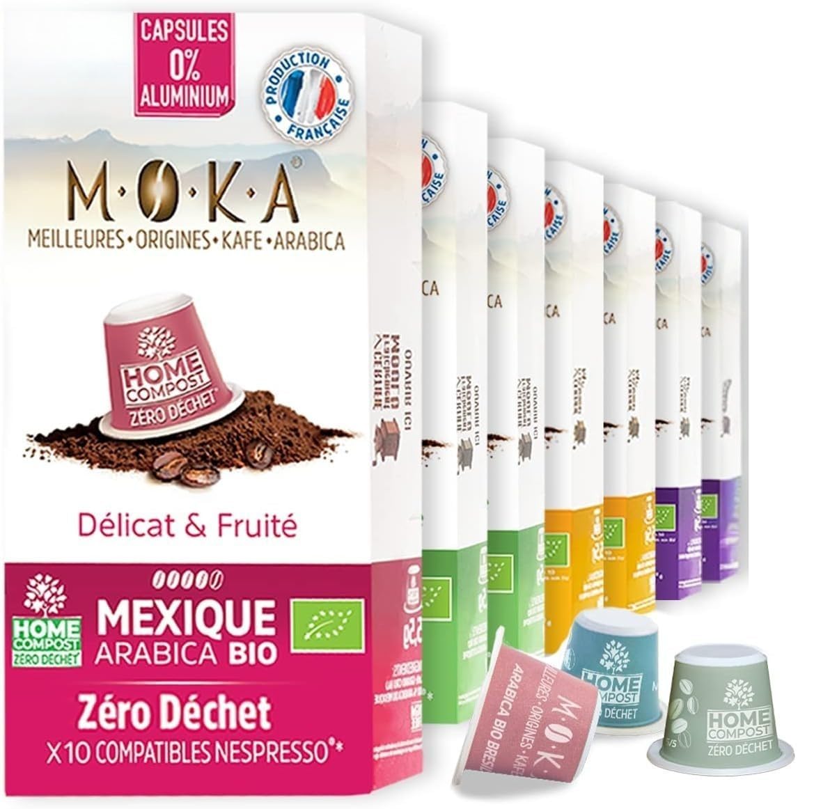 MOKA - 160 Capsules Café Bio d'excellence 100% Pur Arabica Mexique Honduras Ethiopie Pérou - Compatibles avec Nespresso - Intensité 6-8 - Home Compost - Expresso et Lungo - Torréfié en France