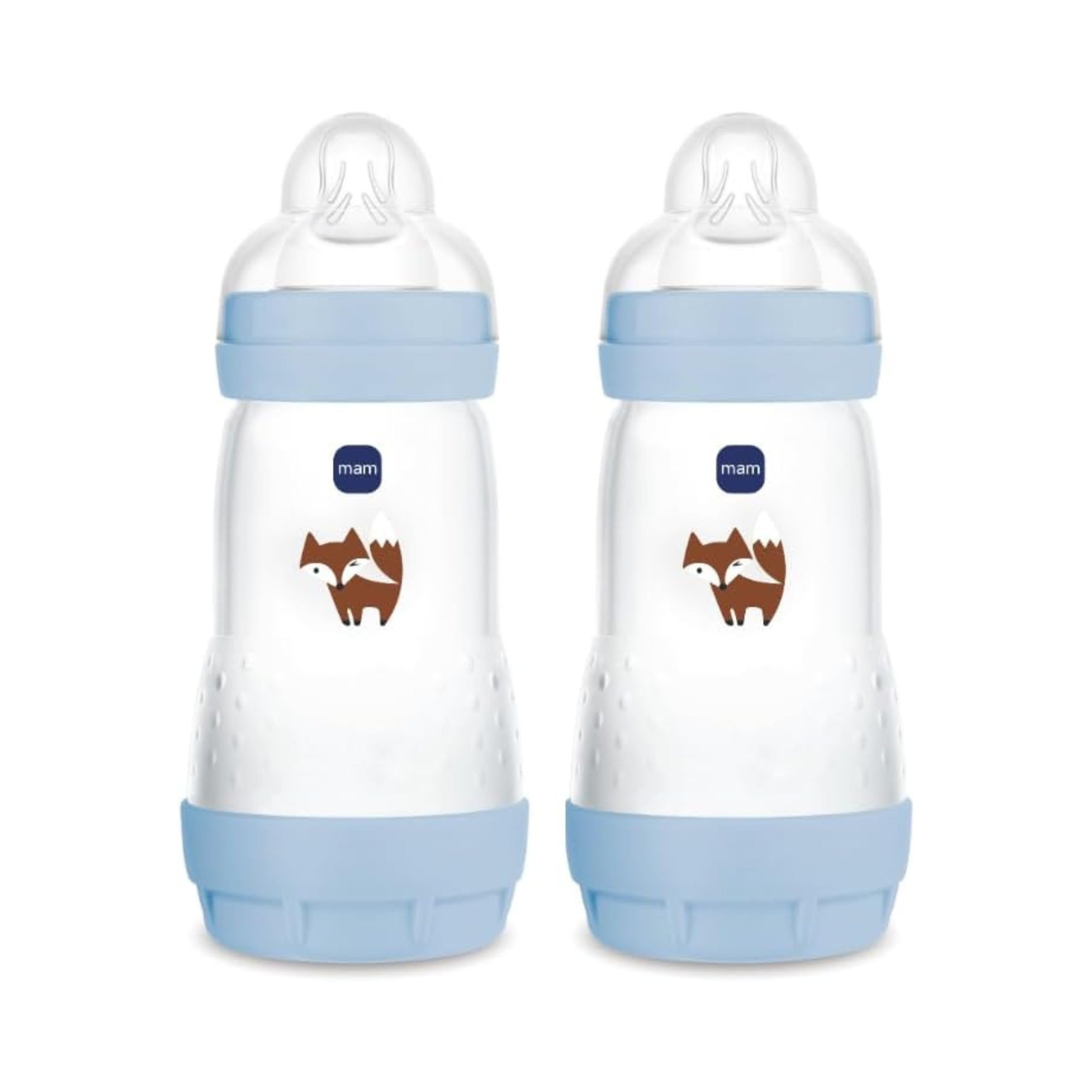 MAM Biberon Easy Start 260 ml (Set da 2), Kit da 2 biberon anticolica per allattamento misto, Riduce le bolle d'aria e il rischio di coliche, Accessori neonati 2+ mesi con tettarella misura 2, Azzurro