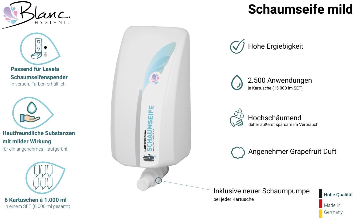 Lavela Schaumseife 6 x 1 Liter Kartuschen | Milde Schaumseife m. Grapefruitduft, 15.000 Anwendungen, 6 Kartuschen à 1 Liter