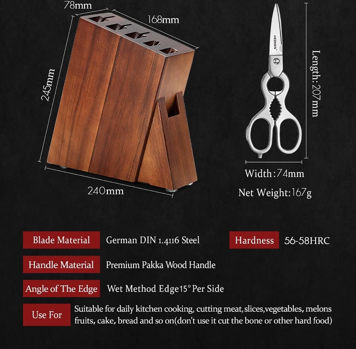 DAXXIN Kitchen Knife Sets, Knife Set Stainless Steel Walnut Scissors Pakka Wood Handle With Knife Holder Kitchen Tools(7pc)