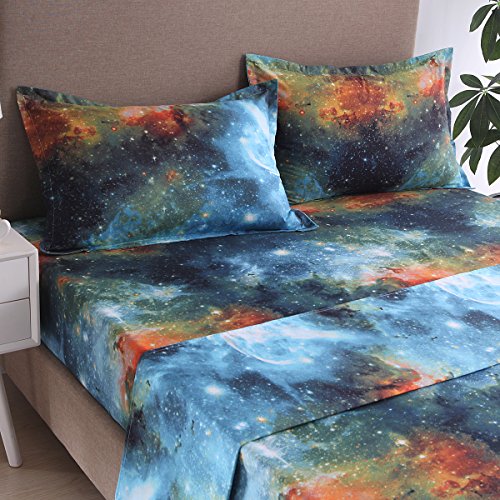 You Sa Galaxy Bedding 4-Piece Galaxy Bed Sheet Set Queen (Flat Sheet+Fitted Sheet+Pillow Shams) (Color 01) #TOP3