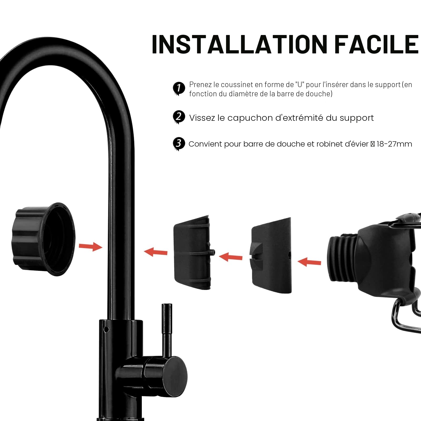 Set de 3 tablettes de Douche en Acier Inoxydable - Ne nécessite Aucun perçage - pour Barres de Douche de 18 à 27 mm - Noir