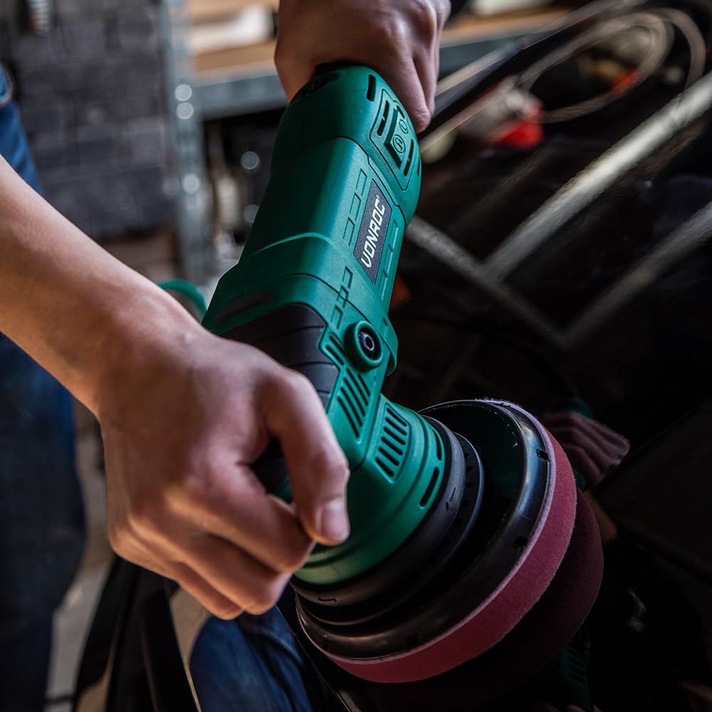 VONROC Lucidatrice Auto 1050W, Orbitale Doppia Azione 21mm, Velocità Variabile 1400–4800 RPM, Disco 150mm con Velcro, Soft Start, Cavo 4m – Per Lucidatura Auto, Barca e Rimozione Graffi - Con 4 dischi