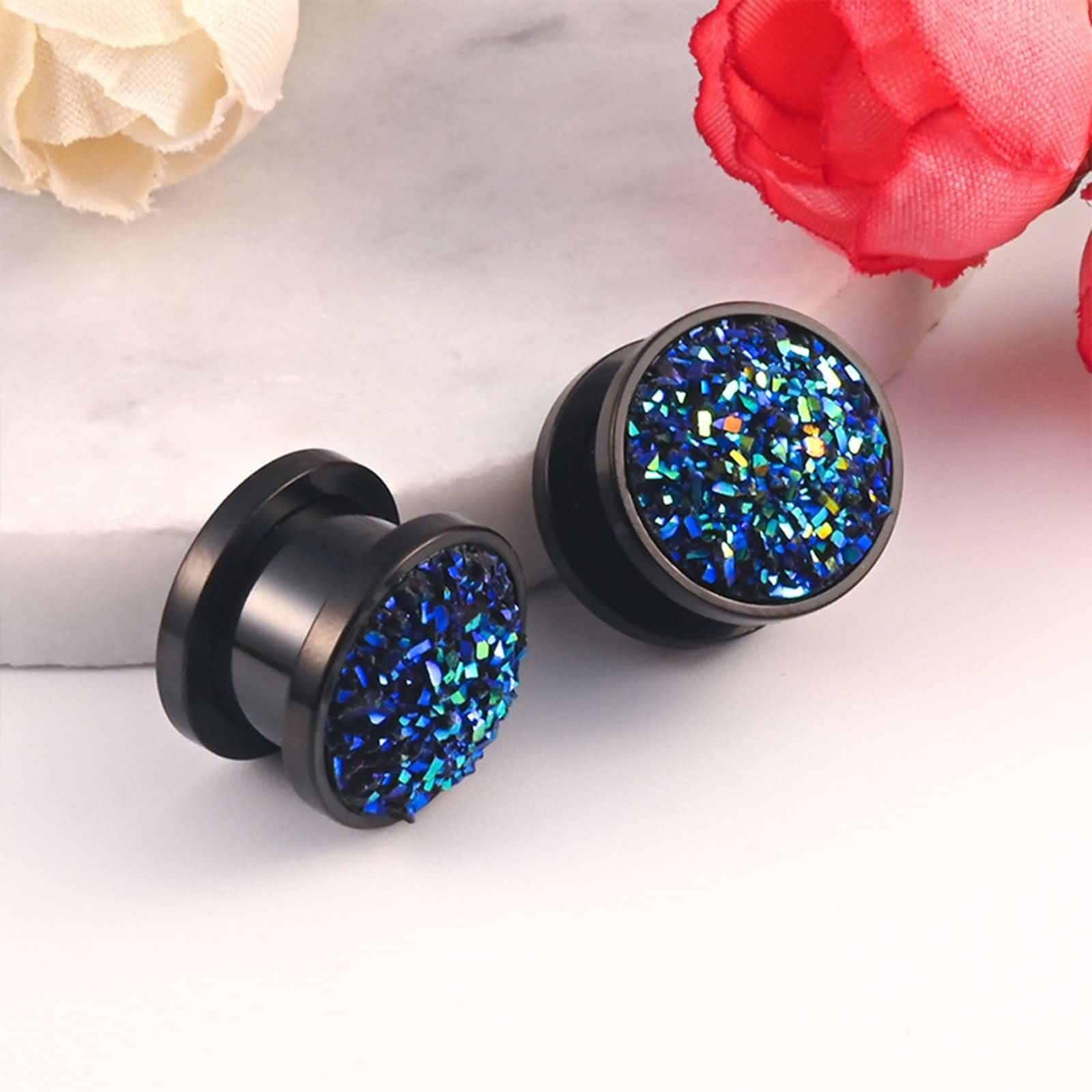 Daesar Plugs 6-16MM Edelstahl, Ohr Tunnel Set Schwarz mit Blau Harz Ohrringe Piercing Ohr Plug Tunnel für Damen