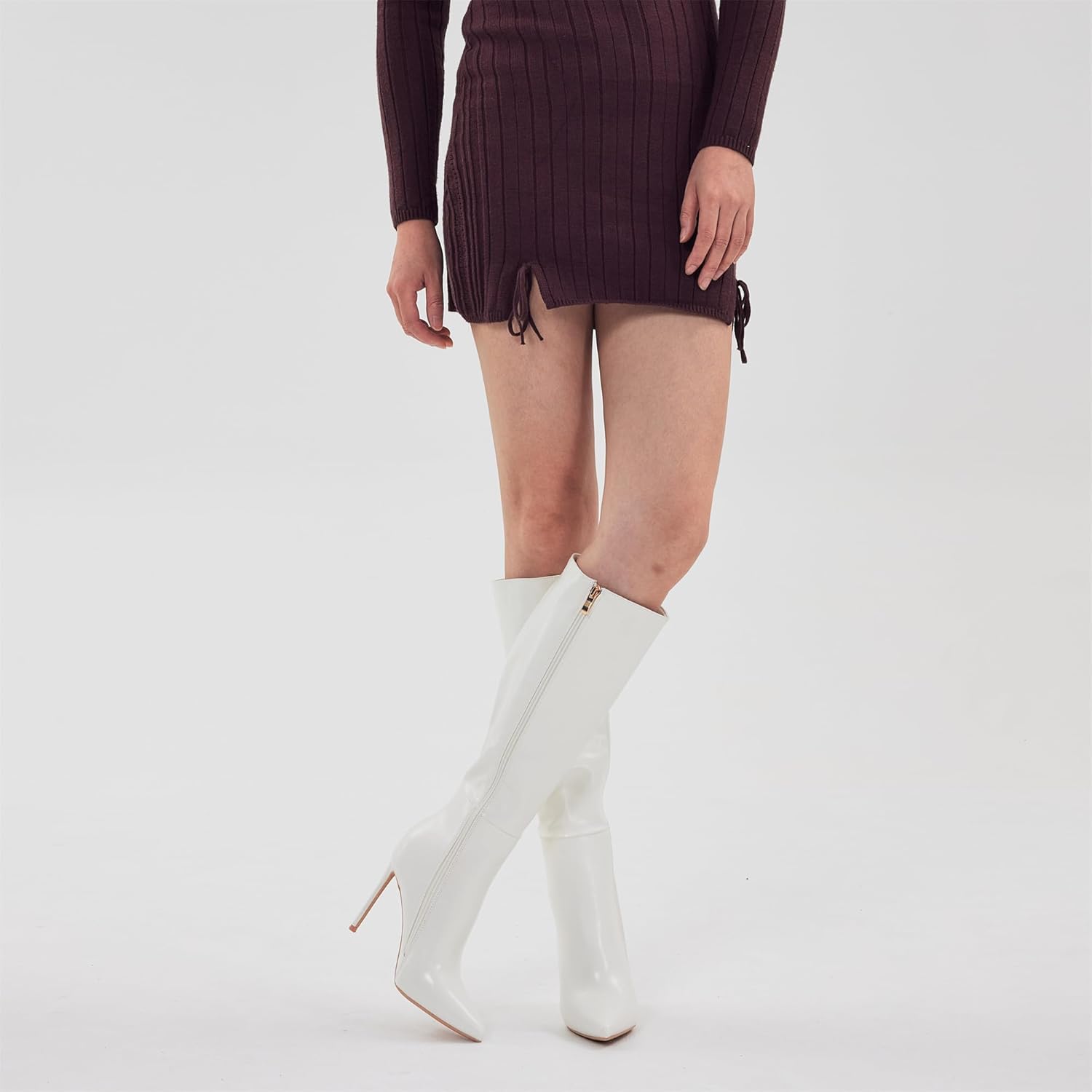 Elisabet Tang 4 inch Women's Knee High Long Boots, Stiletto Tall Pointed Toe Heeled Boot Leather Suede Comfortable Sexy White Size 10 - Image 8