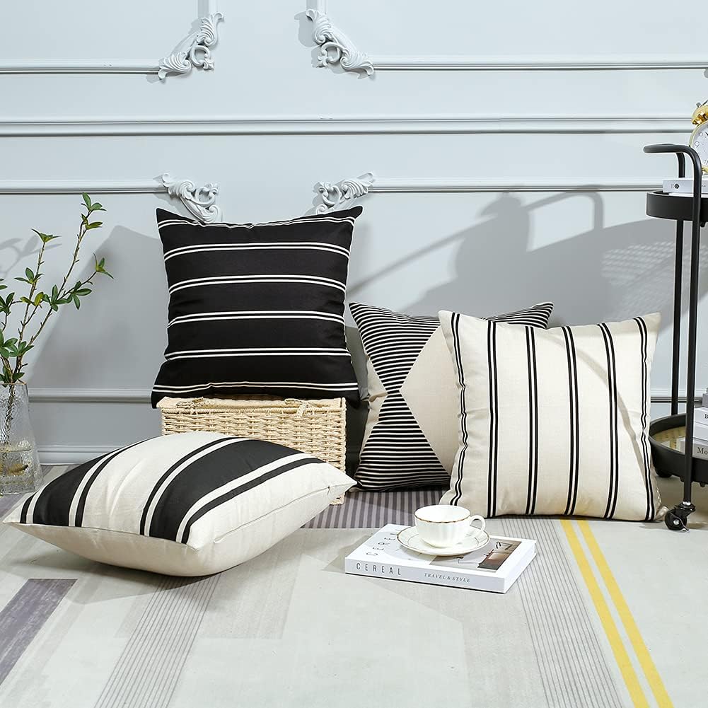 OTOSTAR Outdoor Waterproof Decorative Throw Pillow Covers 20x20 Inch Geometry Pillow Cases Square Cushion Case Garden Pillow Covers Pillows Shell for Patio Furniture Couch Tent Balcony Set of 4(Black)