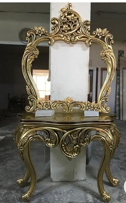 Nazar Art & Craft Royal Wooden Handcrafted Dressing Table with Antique Gold Paint for Bedroom Without Mirror