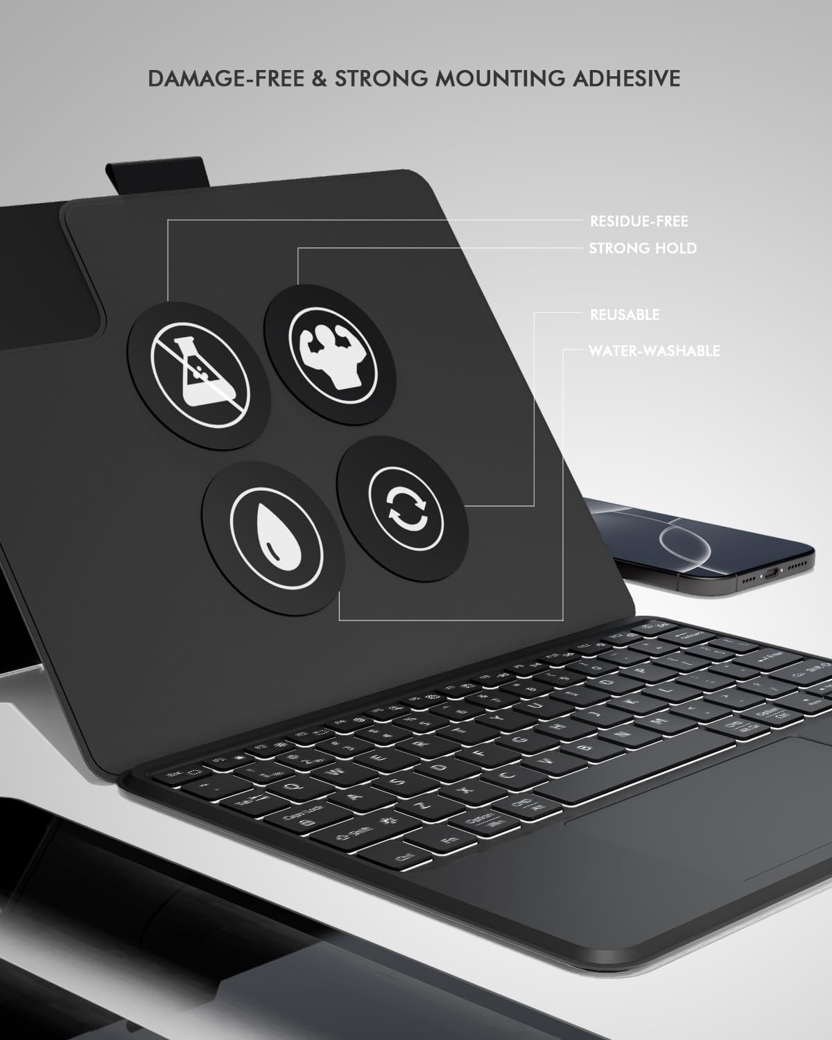 Universal Keyboard Case for 9-11 Inch Tablets, Dual Bluetooth Detachable Keyboard for Android Tablets/iPads/Galaxy Tabs, Magnetic Backlit Keyboard with Washable Adhesive Mount&Any-Angle Stand&Trackpad - Image 3