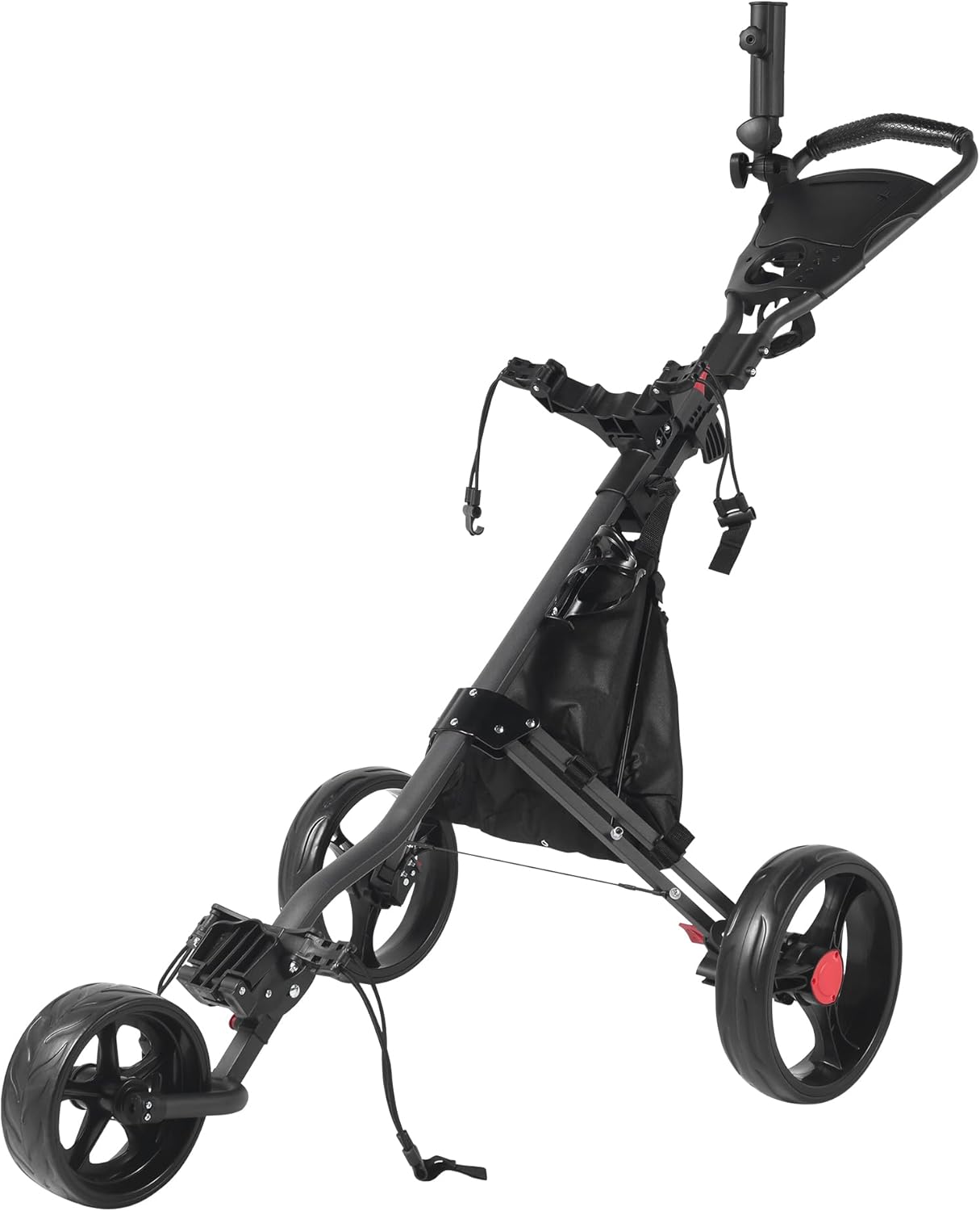 3 Wheel Golf Push Cart, Foldable Compact Golf Bag Cart with Adjustable Handle Height, Foot Brake, Storage & Cooler Pocket, Lightweight Walking Push Carts for Different Terrain