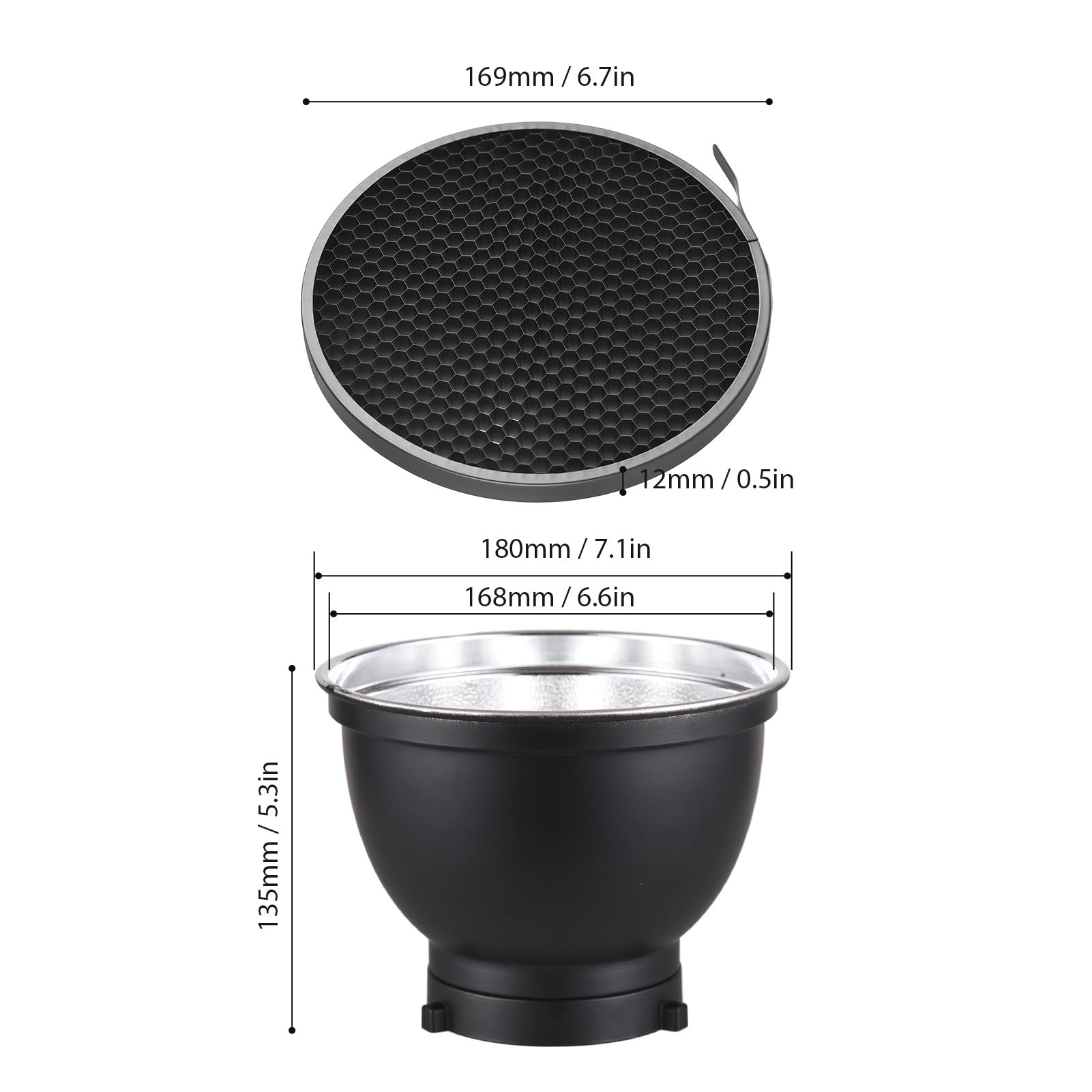 Camnoon 7 Inch Standard Reflector + 6pcs Photography Honeycomb Grid kit 10°/20°/30°/40°/50°/60° Honeycomb Lamp Shade Grid for Bowens Mount Studio Light Strobe Accessory