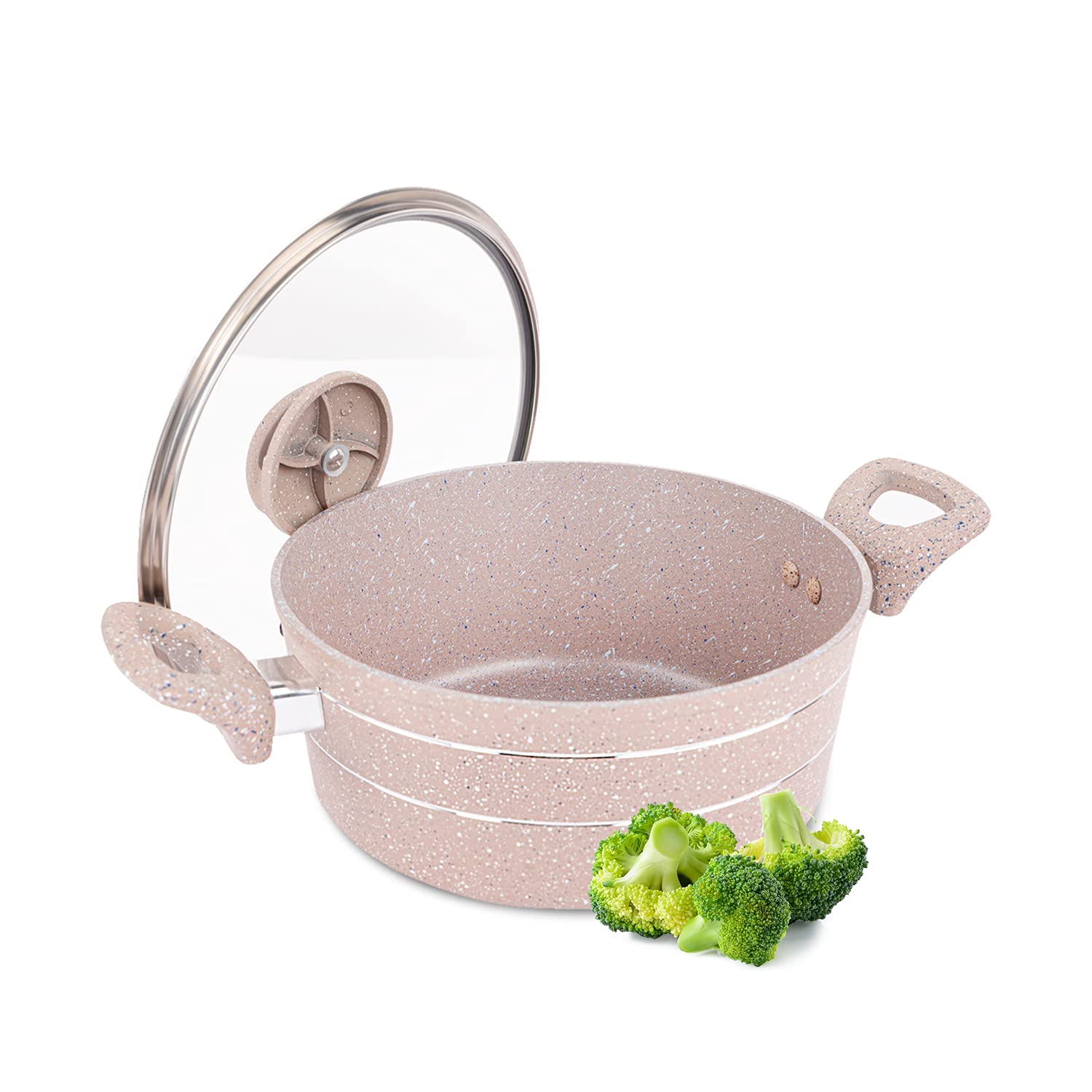 Cacerola de inducción antiadherente Royalford de granito beige con tapa de cristal