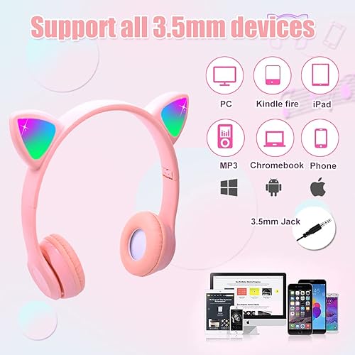 Miniatura 3 de Auriculares inalámbricos con orejas de gato, auriculares para niños con micrófono y luz LED para gato, volumen seguro limitado de 85 dB, auriculares