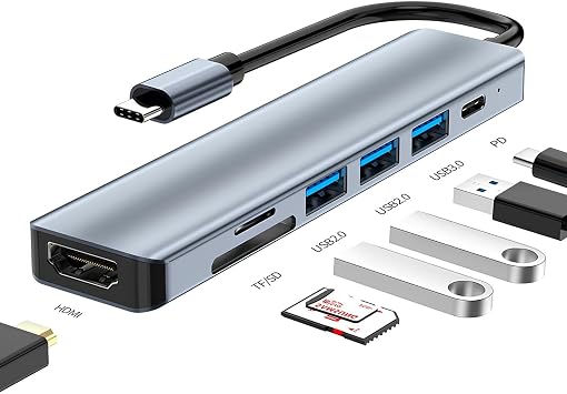 NewPole Type C Hub 7 Port, 100W PD  arj ve Veri Transfer Type-C Port 4K 30HZ veya 1080P 60HZ HDMI, 1 Adet USB 3.0 Port 2 Adet 2.0 Port, MiroSD ve SD Kart Okuyucu MacBook Pro/Air vb. Uyumlu