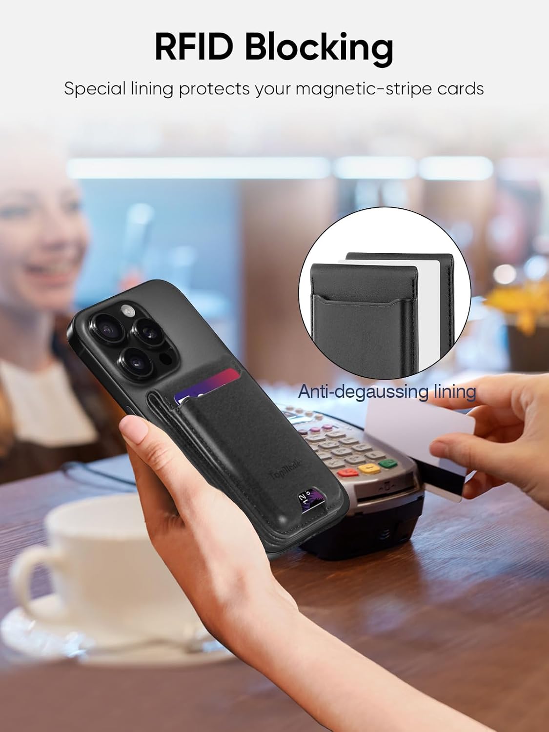 TopMade Phone Card Holder, Leather Phone Wallet Stick on with Stand, Open ID Window, Strongest 3M Adhesive Credit Card Holder for Back of Phone Case, iPhone, Samsung, and Android, Fit 6 Cards, Black - Image 6