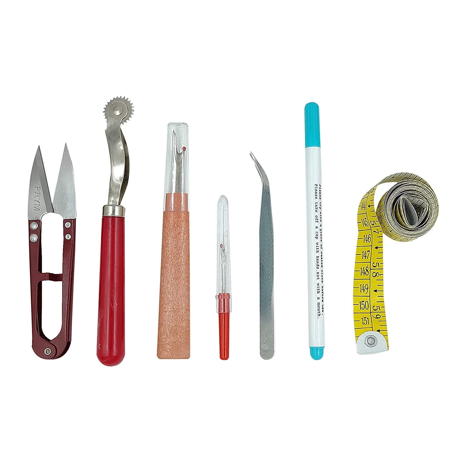 Hesch 9 Tailoring Tools Combo, Thread Cutter, tracing Wheel, weam Ripper, Overlook Machine Tweezers,Water erasable Pen, Measuring Tape - Total 7 Items in Multicolor