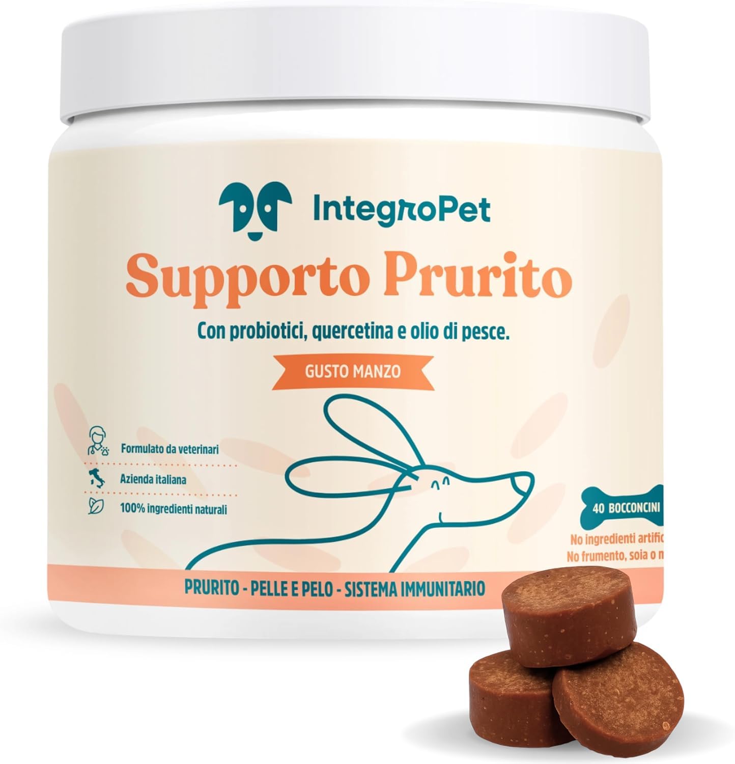 Supporto Prurito con Probiotici per Cani Gusto Manzo - Integratore per CanI per Prurito e Sensibilità Stagionali