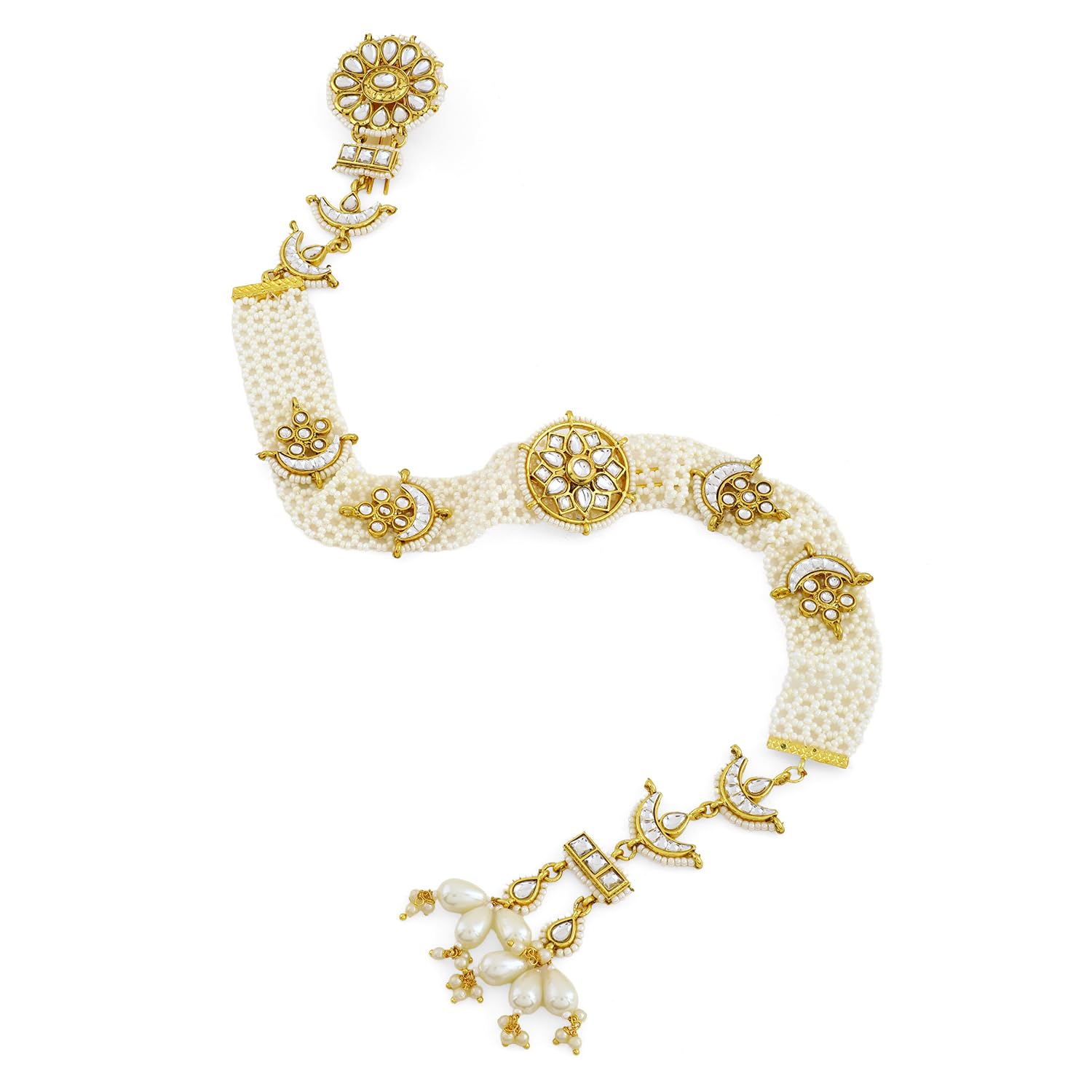 22K Gold-Plated White Kundan & Cream Pearl Beaded Crescent Motif Handcrafted Head Jewellery for Women – Perfect for Brides & Bridesmaids-image-23