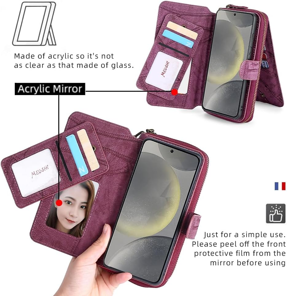 Asuwish Phone Case for Samsung Galaxy S24 5G Zipper Wallet Detachable Cover with Screen Protector and Flip Folio Mirror Card Holder Slot Cell Accessories Protective S 24 24S GS24 G5 Women Men WineRed