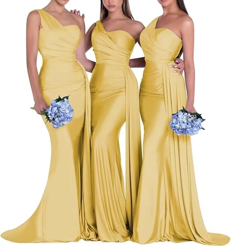 One Shoulder Mermaid Bridesmaid Dresses Satin Pleated Prom Dresses Bodycon Long Formal Evening Gowns with Train