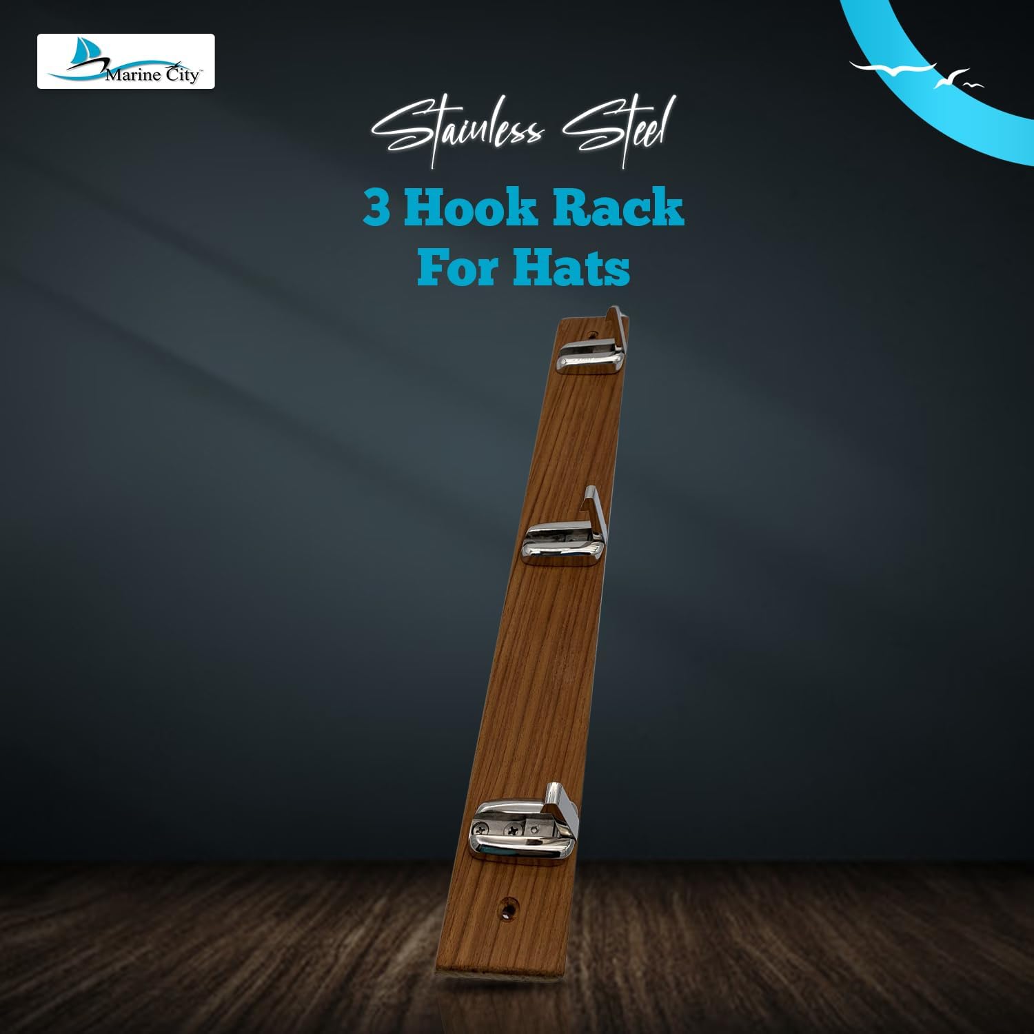 MARINE CITY Hook Rack with Teak Wood Base and 316 Stainless Steel Folding Hooks, Durable and Moisture-Resistant, Ideal for Hats, Coats, Towels, Bags and Perfect for Boats (3 Hook Rack)
