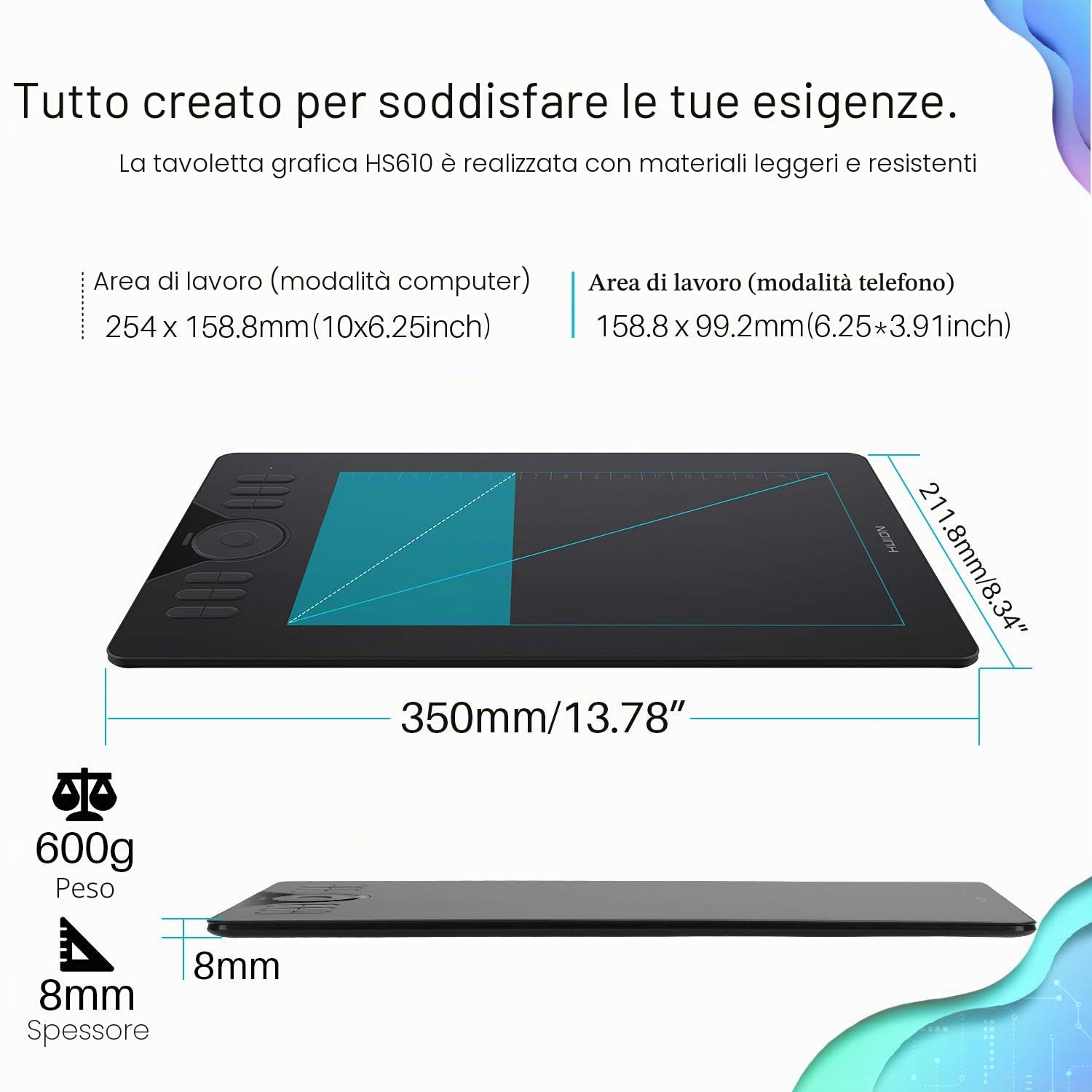 Tavoletta grafica Drawing HUION HS610 potenziata Funzione inclinazione Stilo senza batteria con 1 Touch Screen per telefono Touchscreen per Android 6.0 supportato