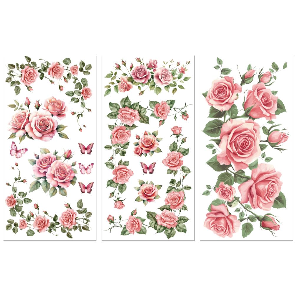 Peacoblue Rub on Transfer Sticker for Furniture Crafts Decor 15x30cm Pink Rose Vine, 3Pcs Waterproof UV DTF Transfer Sticker for Lingerie Chests Drawer Dresser Glass Porcelain Wood Plastic