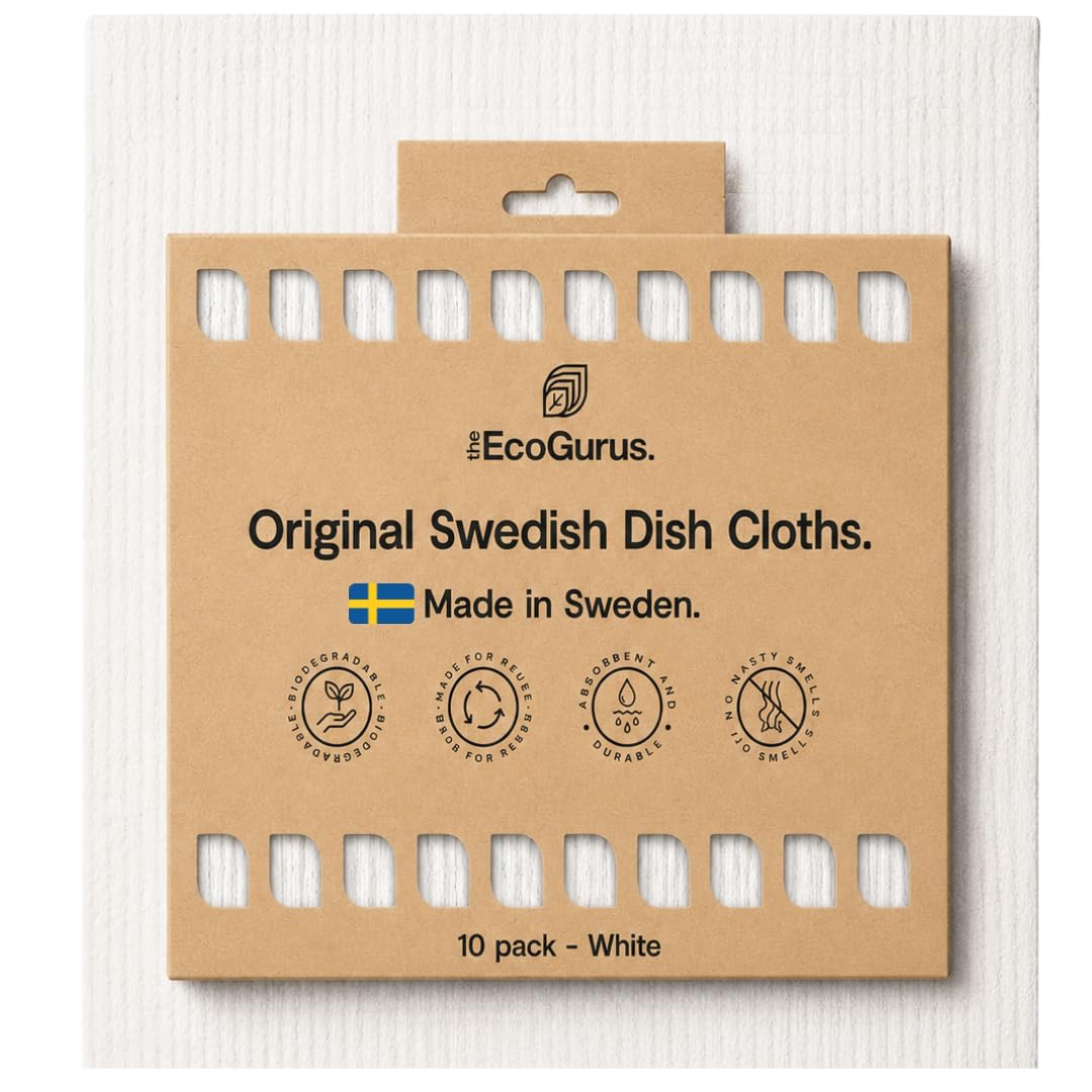 The EcoGurus 10 Pack Odour-Resistant Reusable Cleaning Cloths | Original Swedish Dishcloth | Made in Sweden | Suitable for All Surfaces | Biodegradable Cellulose Sponge | Kitchen & Bathroom | White