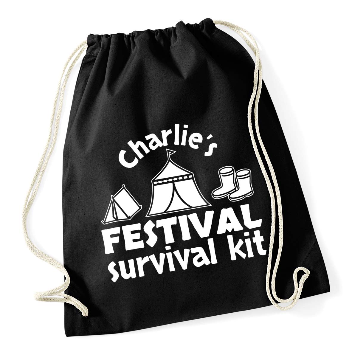 Hippowarehouse PERSONALISED Festival Survival Kit Drawstring Cotton School Gym Bag 37cm x 46cm, 12 litres