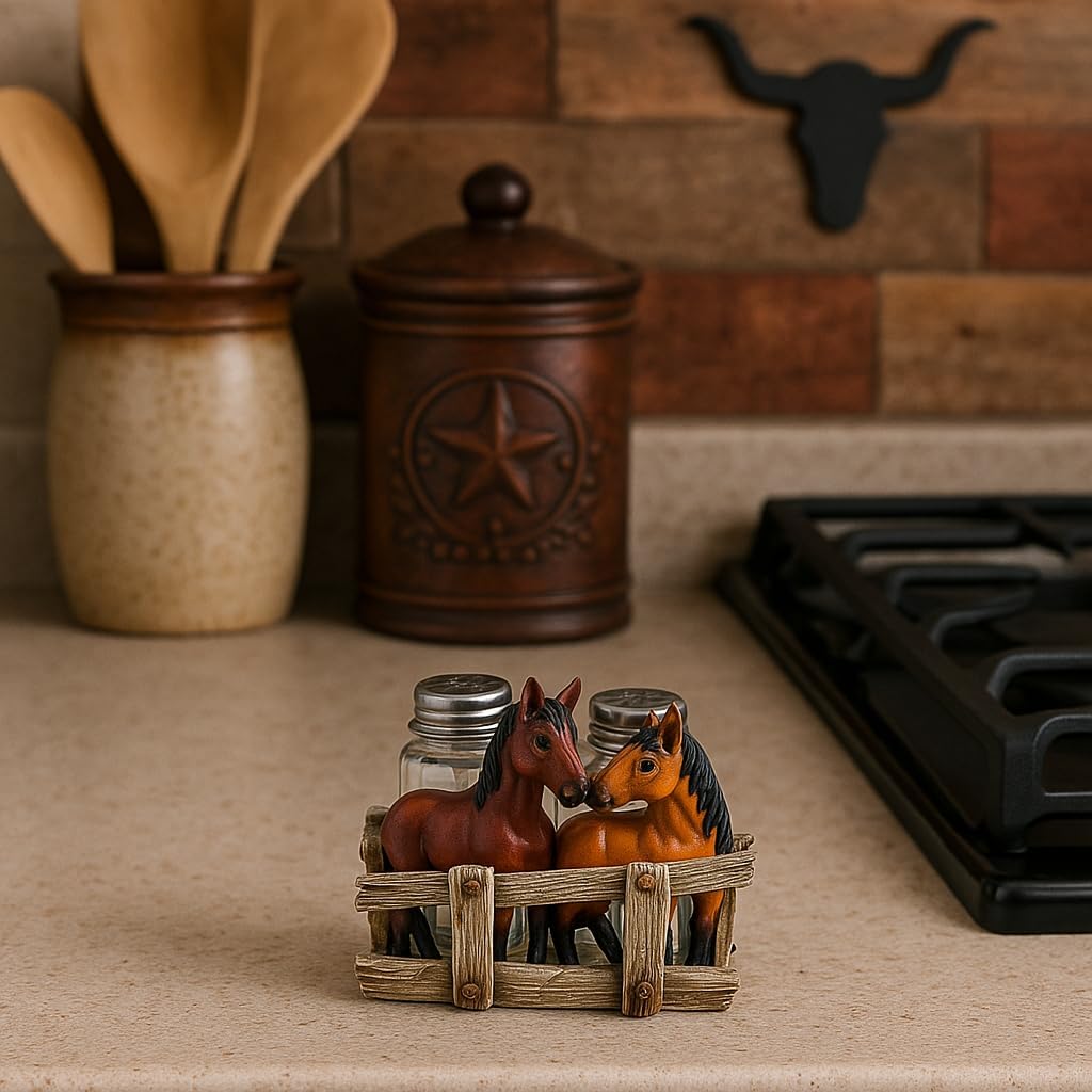 The Bridge Collection Horse Salt And Pepper Shaker Set - Rustic Farmhouse Kitchen Decor With Horses In Fence Design - Country Western Tabletop Accent For Horse Lovers