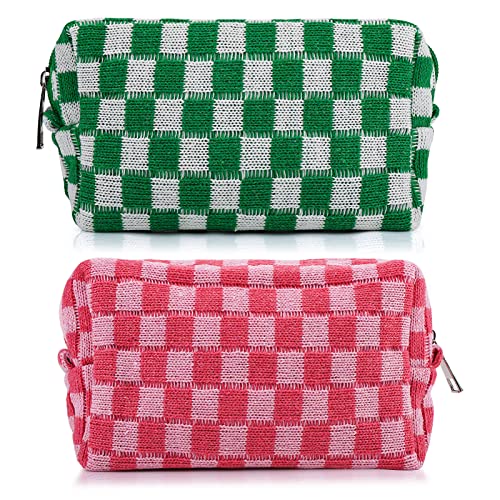 WLLHYF Lot de 2 trousses de maquillage à carreaux vertes et roses avec fermeture éclair - Grande capacité - Pour femmes et filles, Vert/rose, Classique Cover