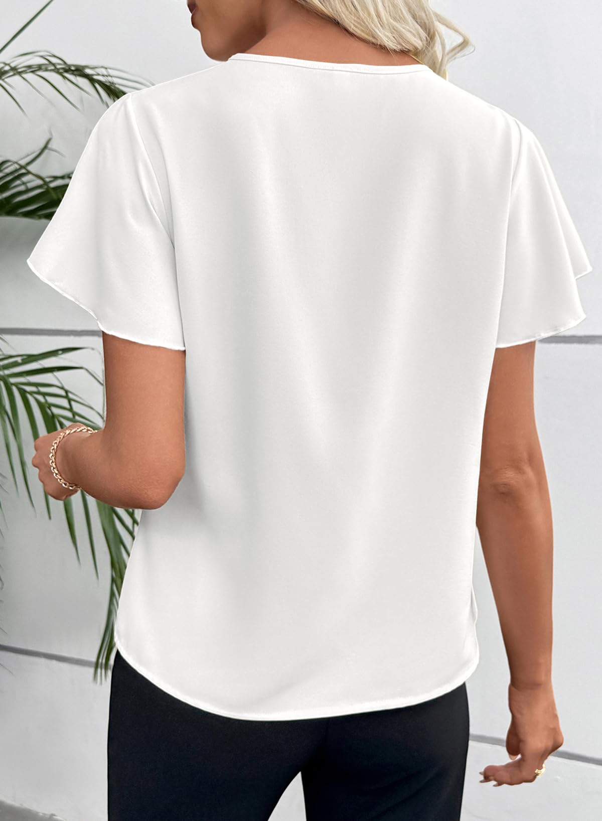 Dokotoo Damen Bluse Elegant V-Ausschnitt Chiffon Blusenshirt Sommer Kurzarm Locker Oberteile Shirts Tunika Casual Business Outfit S-2XL