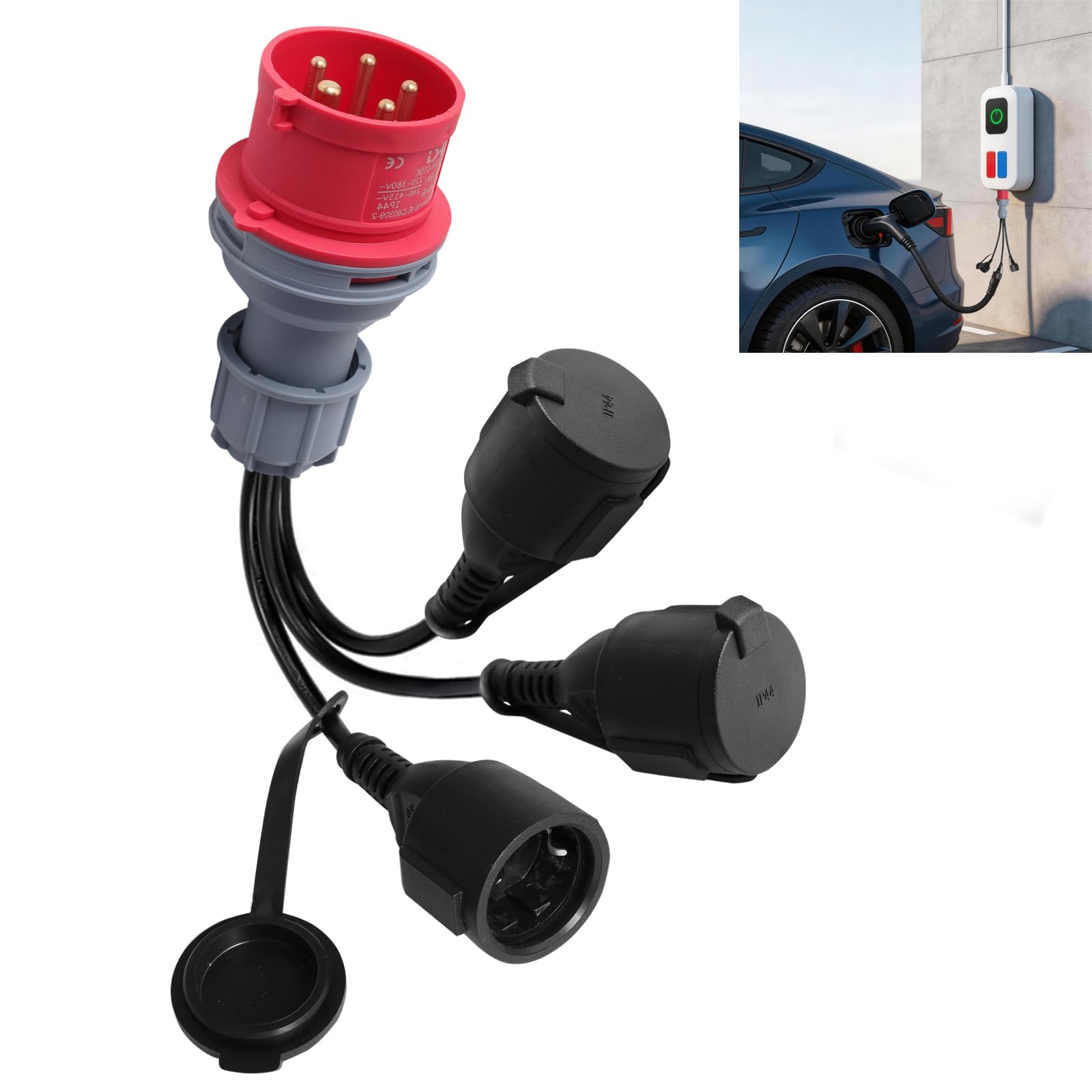 CEE Adaptateur 400V vers 230V x3 Répartiteur Prise Camping Car Adaptateur Triphasé Monophasé avec Couvercle Rabattable Fiche de Contact de Protection