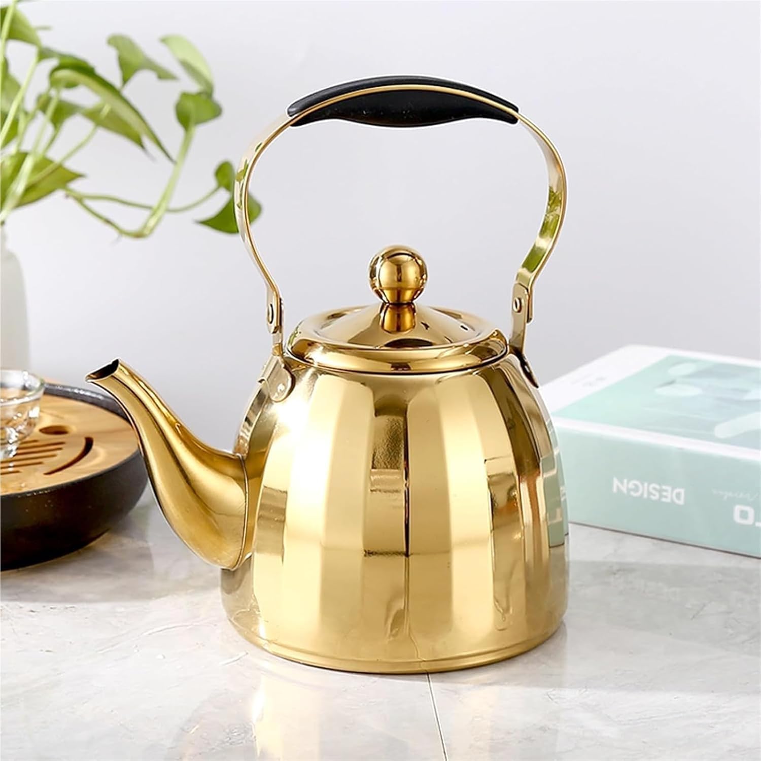 Elegant Gold Tea Kettle with Removable Infuser - 304 Stainless Steel Stovetop Teapot for Tea, Coffee, and Milk(1L)