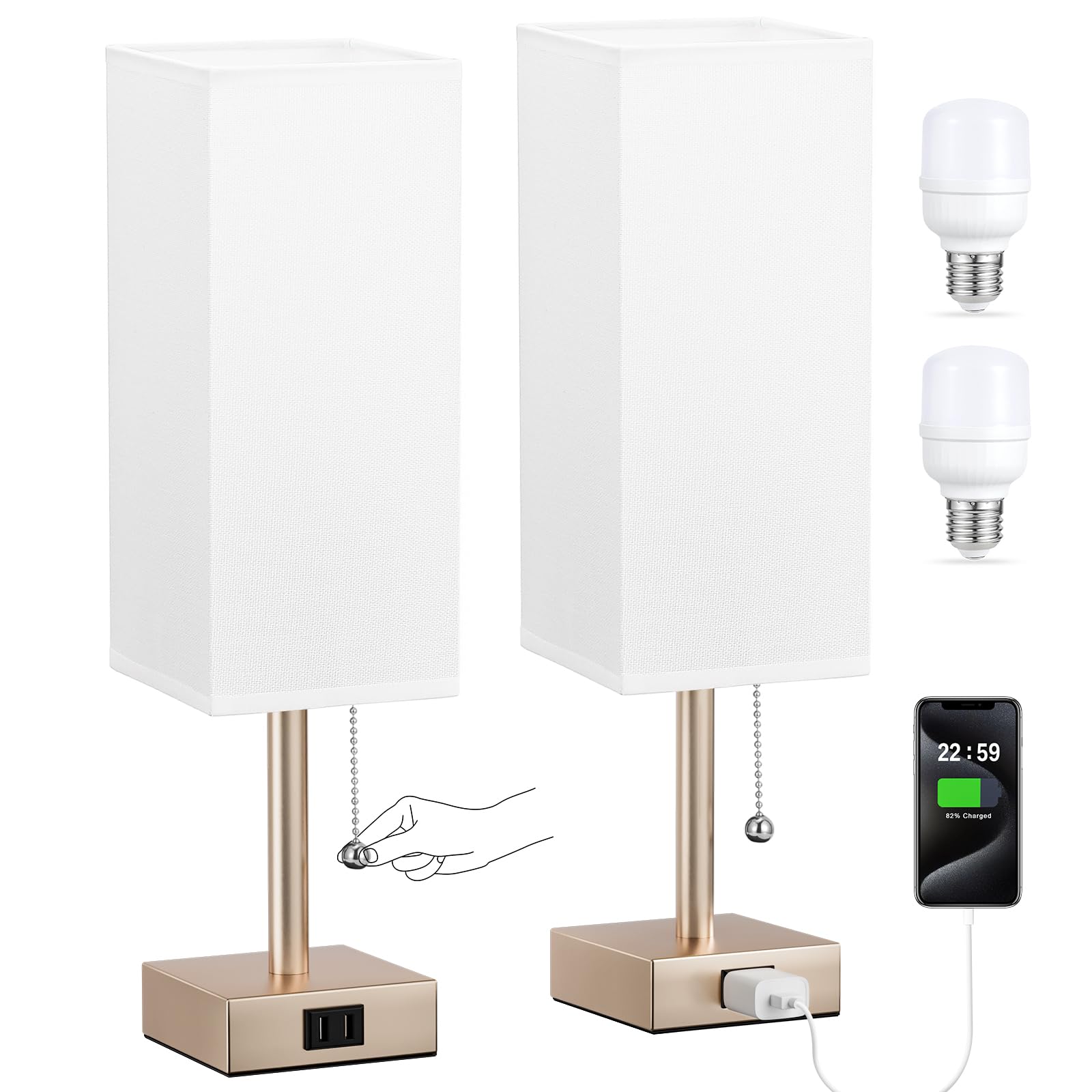 Goldfarbene Nachttischlampen für Schlafzimmer, 2er-Set, kleine rechteckige Nachttischlampe mit AC-Steckdosen-Ladeanschluss, 3 Farbtemperaturen, Tisch-Leselampe für Wohnzimmer/Schlafsaal/Büro