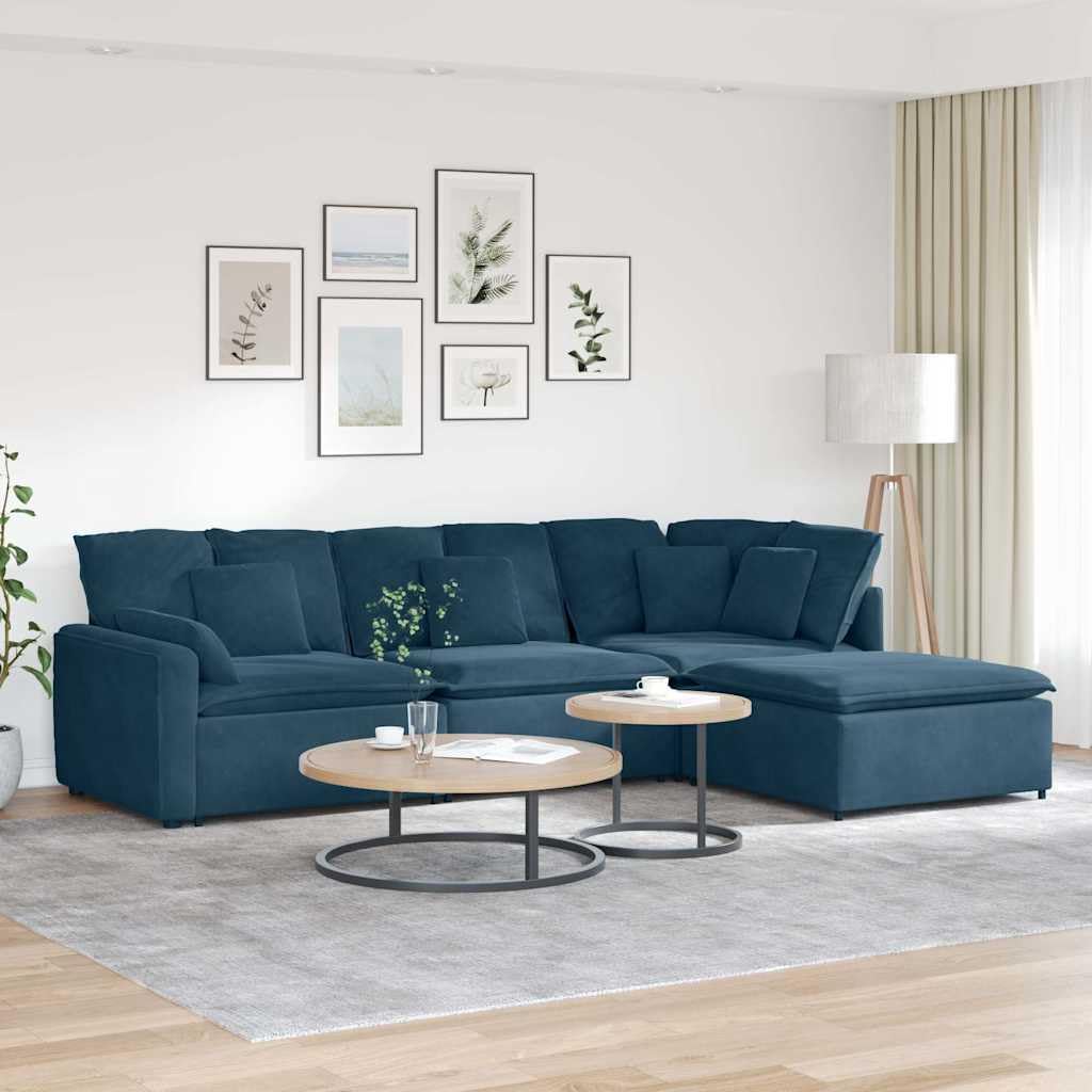 Sofá modular con reposapiés de terciopelo azul, 312 x 205 x 64 cm, elemento de montaje de 4 piezas con cojín, sofá esquinero versátil y esquina acolchada para salón, salón y cine en casa