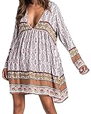 Material: 95% Polyester + 5% Elastan, bequem und atmungsaktiv.Frauen Casual Kleid Langes Shirt Lose Tunika V-Ausschnitt Langarm Vintage Retro Minikleid，Es eignet sich perfekt zum Überziehen am Strand oder am Pool.