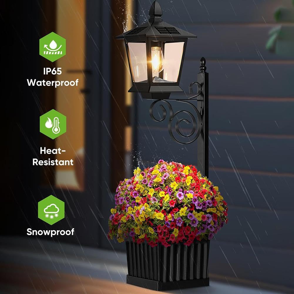 Lampada a energia solare con fioriera, sensore dal tramonto all'alba, vaso da fiori 2 in 1 per giardino, cortile, vialetto, portico, patio, ideale per fiori veri o artificiali