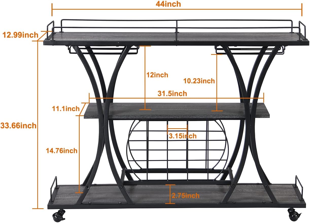 PAG Wood Rolling Bar Cart with Wheels for Home, 3 Tier Freestanding Wine Rack Coffee Cabinet with Glass Holder for Kitchen/Dining Room/Living Room, Dark Gray