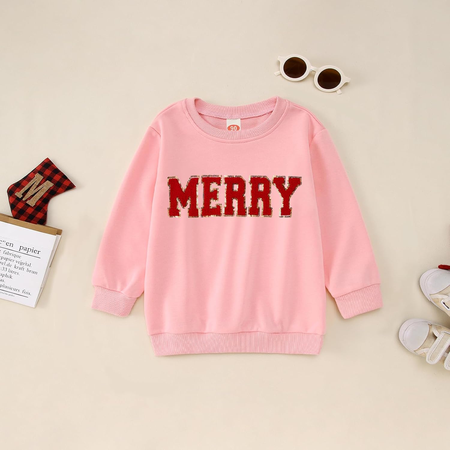IZYJOY Toddler Baby Girl Christmas Sweatshirt Merry Chenille Patch Letter Print Crewneck Shirt Xmas Holiday Pullover Tops